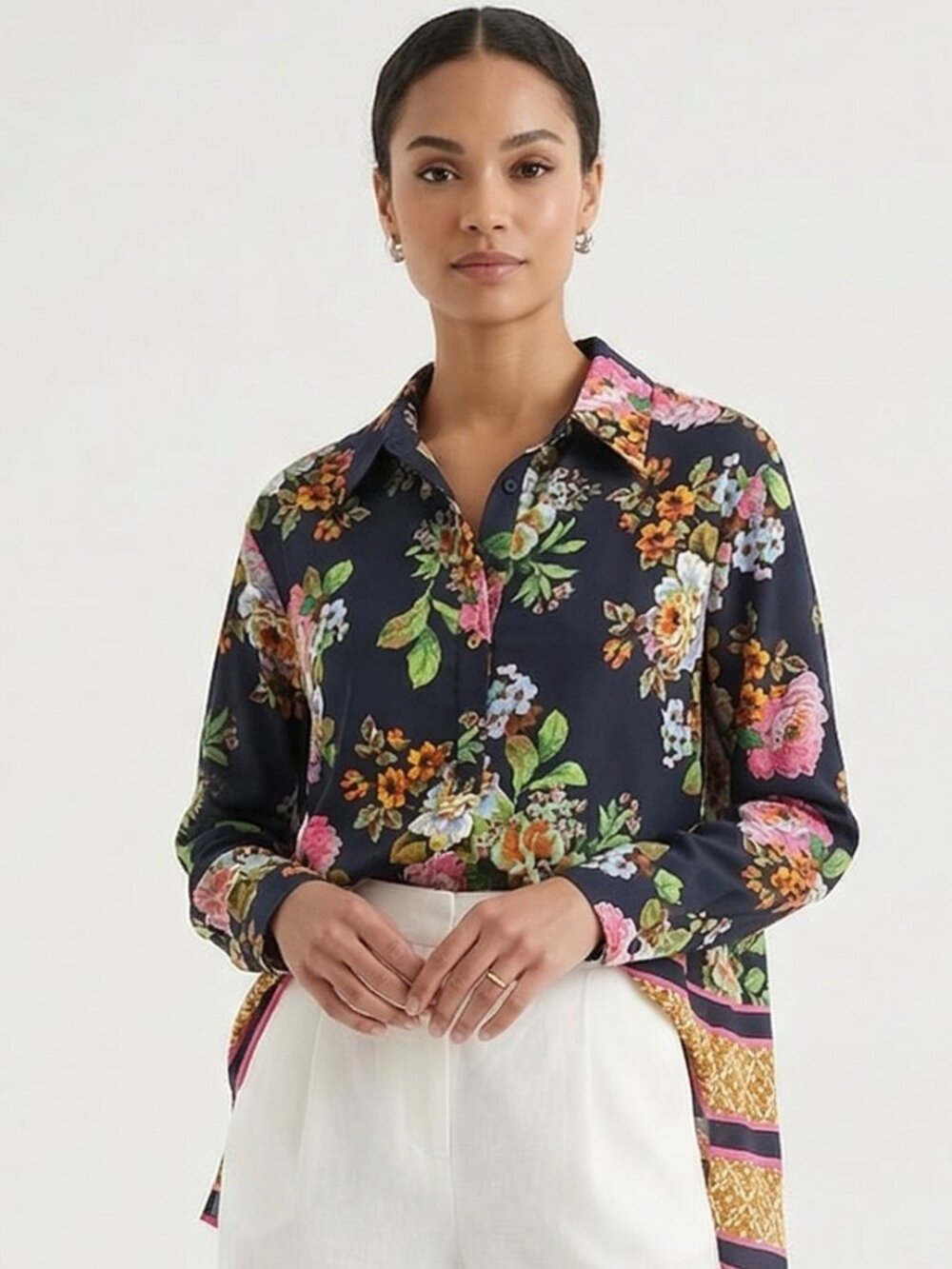 Ellen Tracy Blouse Blue Button Up Hi-low Floral Boho Cottage 1X